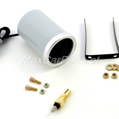 Medidor automóvel com acessórios, incluindo cabo com fios, suporte preto e sensor de latão.