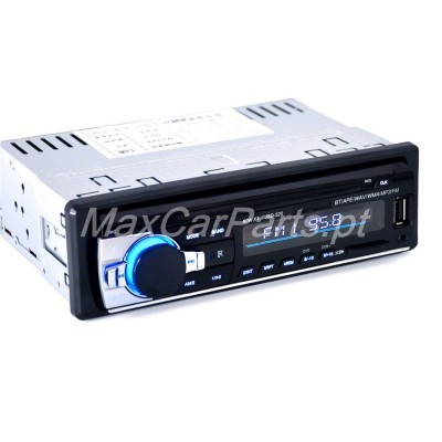 Autorrádio digital cinzento e preto com botão rotativo azul e ecrã digital
