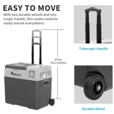 caixa térmica cinza e branca com rodas e pega telescópica