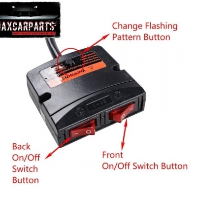 Dispositivo elétrico preto com interruptores vermelhos e etiquetas explicativas em inglês