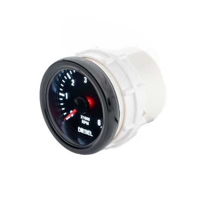 Tacómetro de motor diesel com mostrador preto e corpo branco