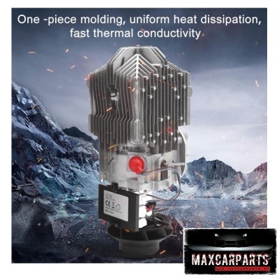 Componente automóvel metálico com aletas, botão vermelho e etiqueta CE, fundo de montanhas