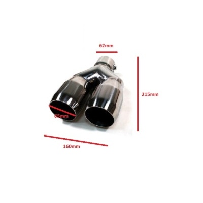 Peça de escape dupla em metal cromado com medidas indicadas em vermelho