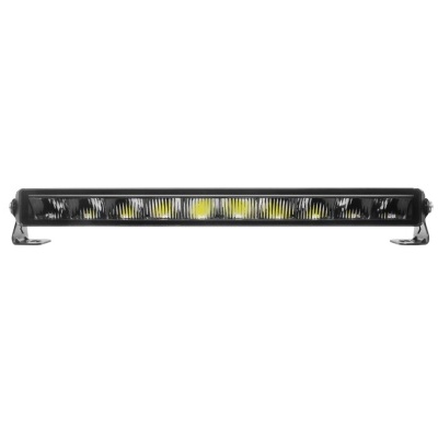 Barra de luz LED preta com LEDs amarelos e suportes metálicos