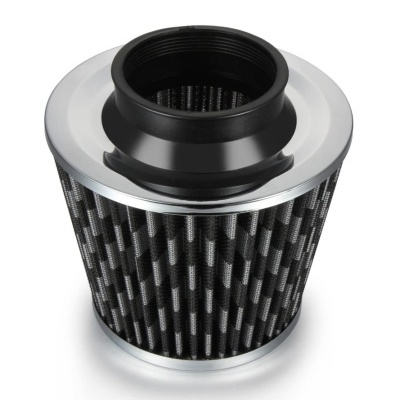 Filtro de ar cónico com metal cromado e material filtrante preto e cinzento