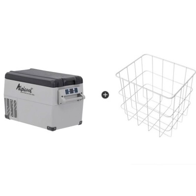 Frigorífico portátil Apicool cinzento e preto com visor digital ao lado de cesta metálica branca