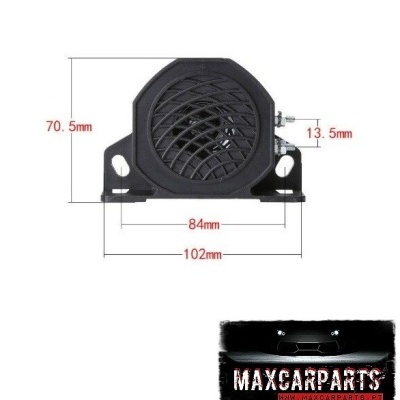 Sirene preta com grelha frontal e dimensões em milímetros
