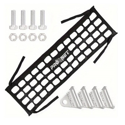 Rede elástica preta PROJET com parafusos e suportes metálicos prateados