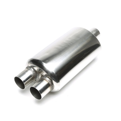 Silenciador automóvel metálico cilíndrico com duas saídas
