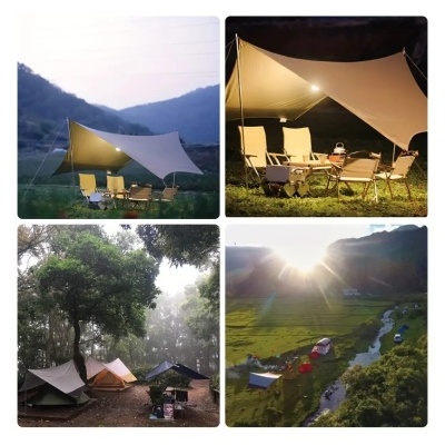 Conjunto de imagens mostrando toldos, cadeiras de campismo, tendas e paisagens naturais em áreas de campismo.