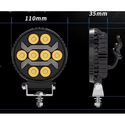 Luz redonda LED preta com oito LEDs amarelos e suporte metálico.