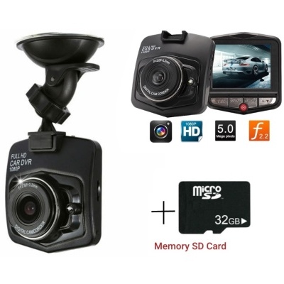 Câmara de vídeo para carro preta com suporte e cartão microSD 32GB