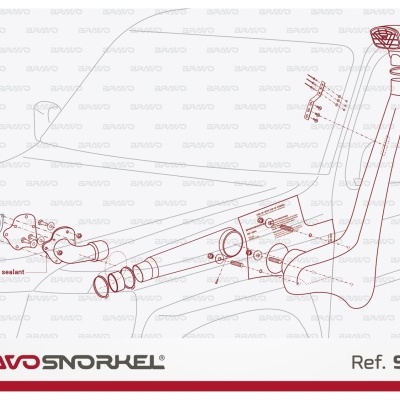 Diagrama técnico do snorkel BRAVO SNP4 com instruções de montagem