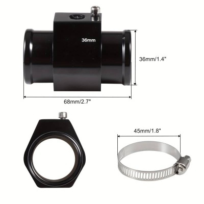 Peça cilíndrica metálica preta e abraçadeira metálica prateada com medidas indicadas