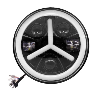 Farol redondo preto com aro branco e luzes de LED para veículo
