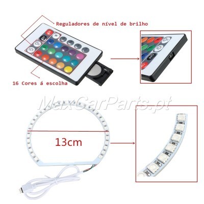 anel de luz LED com controlo remoto e texto em português