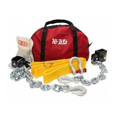 Conjunto de acessórios para reboque com bolsa vermelha Hi-Lift, correia amarela, ganchos metálicos, corrente e luvas