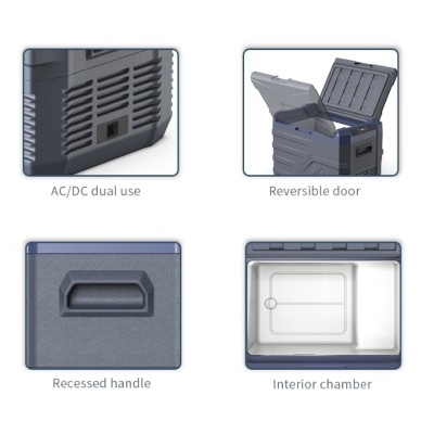 Frigorífico portátil cinzento com funcionalidades.»