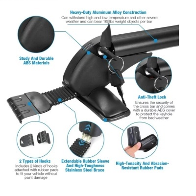 Barras transversais para tejadilho de automóvel em alumínio com acessórios em ABS preto e borracha.