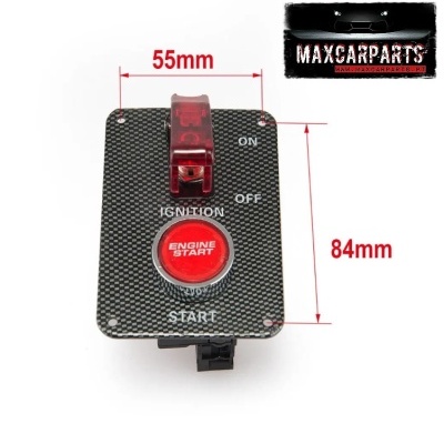 Painel retangular preto com botão vermelho ENGINE START e alavanca ON/OFF