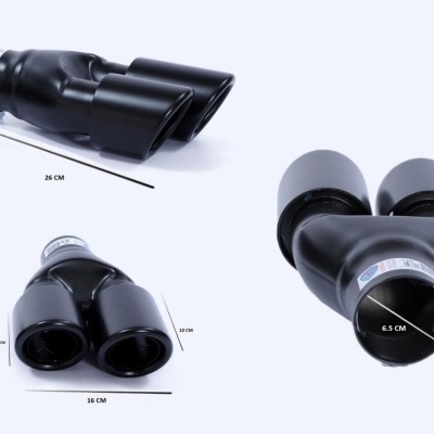 Ponteira de escape dupla preta com dimensões em fundo branco