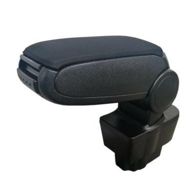 Apoio de braço para carro em plástico preto com topo almofadado e tecido.