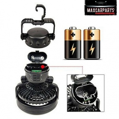 ventoinha portátil preta com gancho e bateria AA ao lado