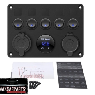 Painel elétrico preto com cinco interruptores iluminados, medidor digital, tomadas 12V e USB, manual e parafusos.