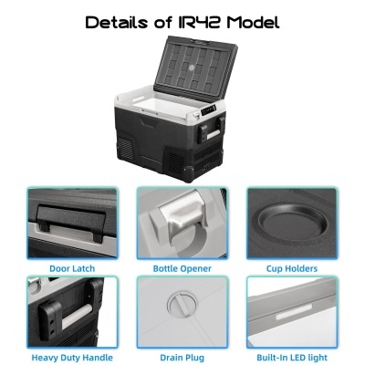 Caixa térmica preta e branca com várias características detalhadas