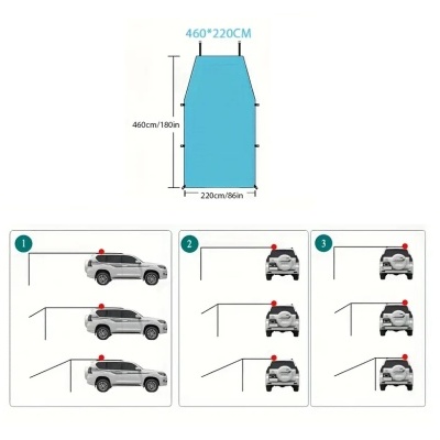 Tabela de medidas e diagramas de instalação de toldo azul para automóvel