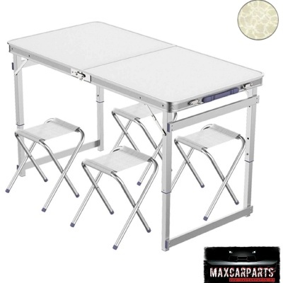 Mesa dobrável branca com quatro bancos dobráveis e padrão floral circular