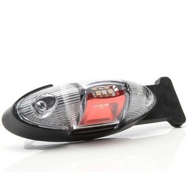 Farolim traseiro para veículo preto com lentes transparentes e vermelhas, LEDs visíveis.