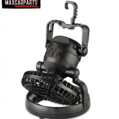 Ventoinha portátil preta com suporte articulado e gancho para pendurar