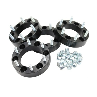 Adaptadores de rodas metálicos pretos com pinos e porcas prateadas