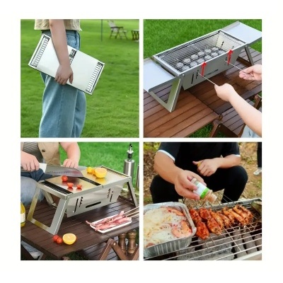 Churrasqueira portátil em metal prateado com grelha ao ar livre