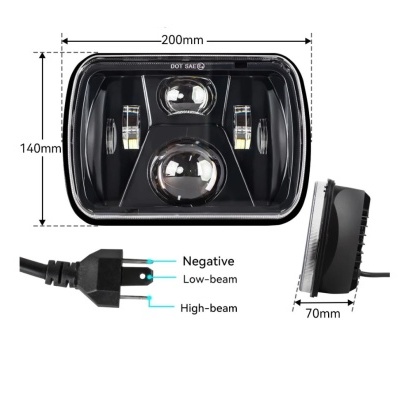 Farol retangular preto e transparente com indicação de feixes de luz