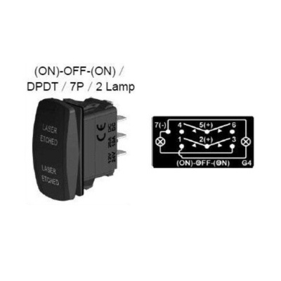 Interruptor DPDT preto com diagrama de conexões