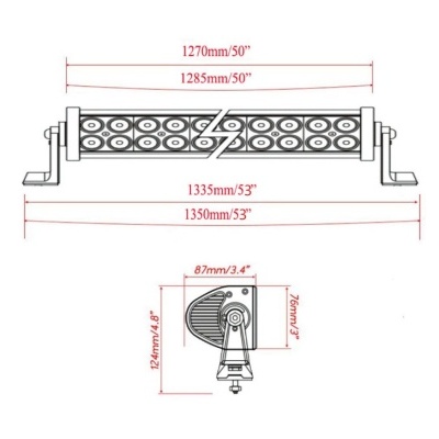 Desenho técnico de um farol LED retangular com dimensões em mm e polegadas