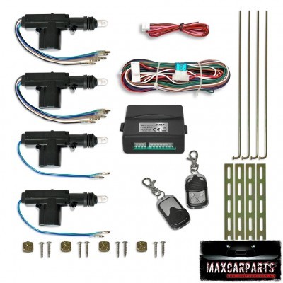 Sistema de fecho central automóvel com atuadores, comandos, fios, e parafusos sobre fundo branco