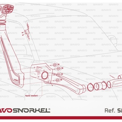Desenho técnico de snorkel automotivo BRAVO SNORKEL Ref. SMM8 com aplicação de selante