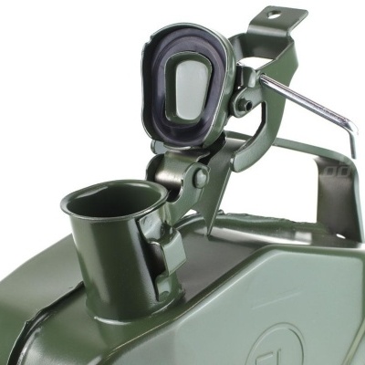 Recipiente metálico verde escuro com tampa articulada e alavanca