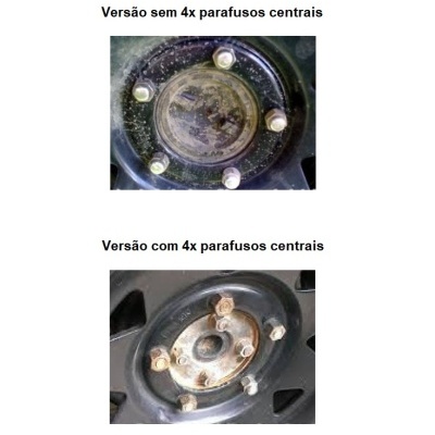 Rodas de automóvel em metal preto com parafusos centrais e sinais de uso