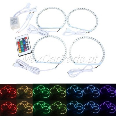 Anéis LED brancos para faróis de carro com comando remoto colorido e transformador