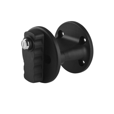 Fecho de segurança preto com botão trancável e base circular para fixação.