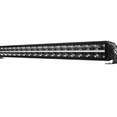 Barra de luz LED preta com duas filas de lâmpadas e suporte metálico