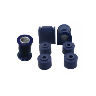 Conjunto de buchas automóveis de borracha azul escuro com detalhes metálicos sobre fundo branco