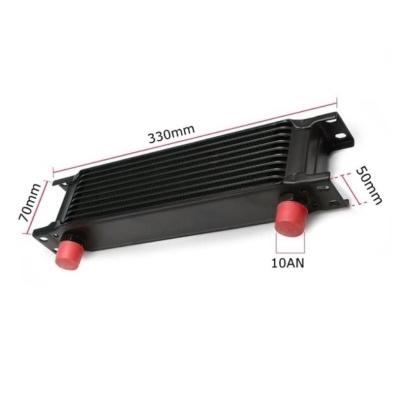 Radiador preto metal com tampas vermelhas e medidas 330mm x 70mm x 50mm