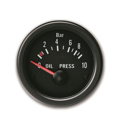 Manómetro redondo preto com escala de pressão e ponteiro vermelho