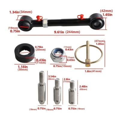Conjunto de peças metálicas e plásticas com dimensões indicadas em fundo branco