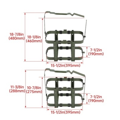 Redes de suporte para carga em fita de nylon verde militar com fivelas ajustáveis e dimensões indicadas